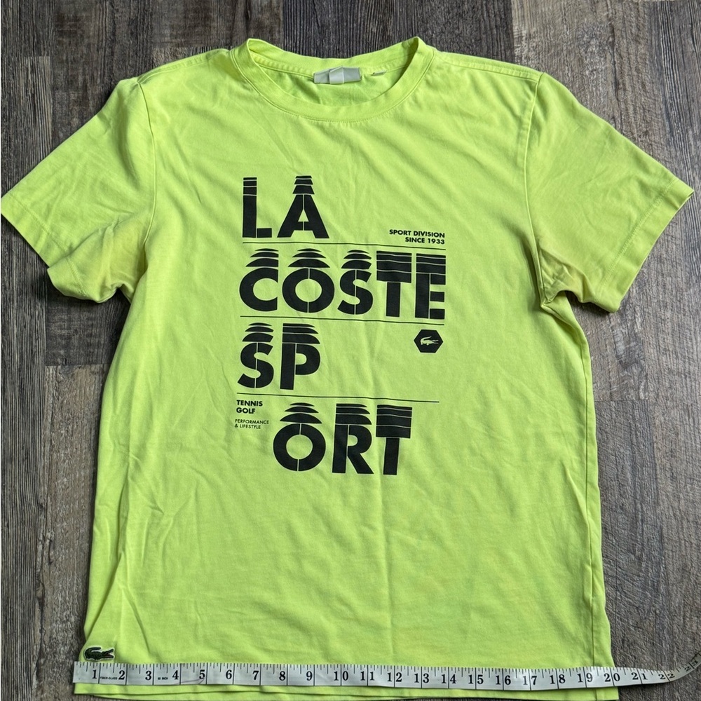 Lacoste Sports Mens Large Yellow Green Performance Golf Tee W/ Black Embroidery